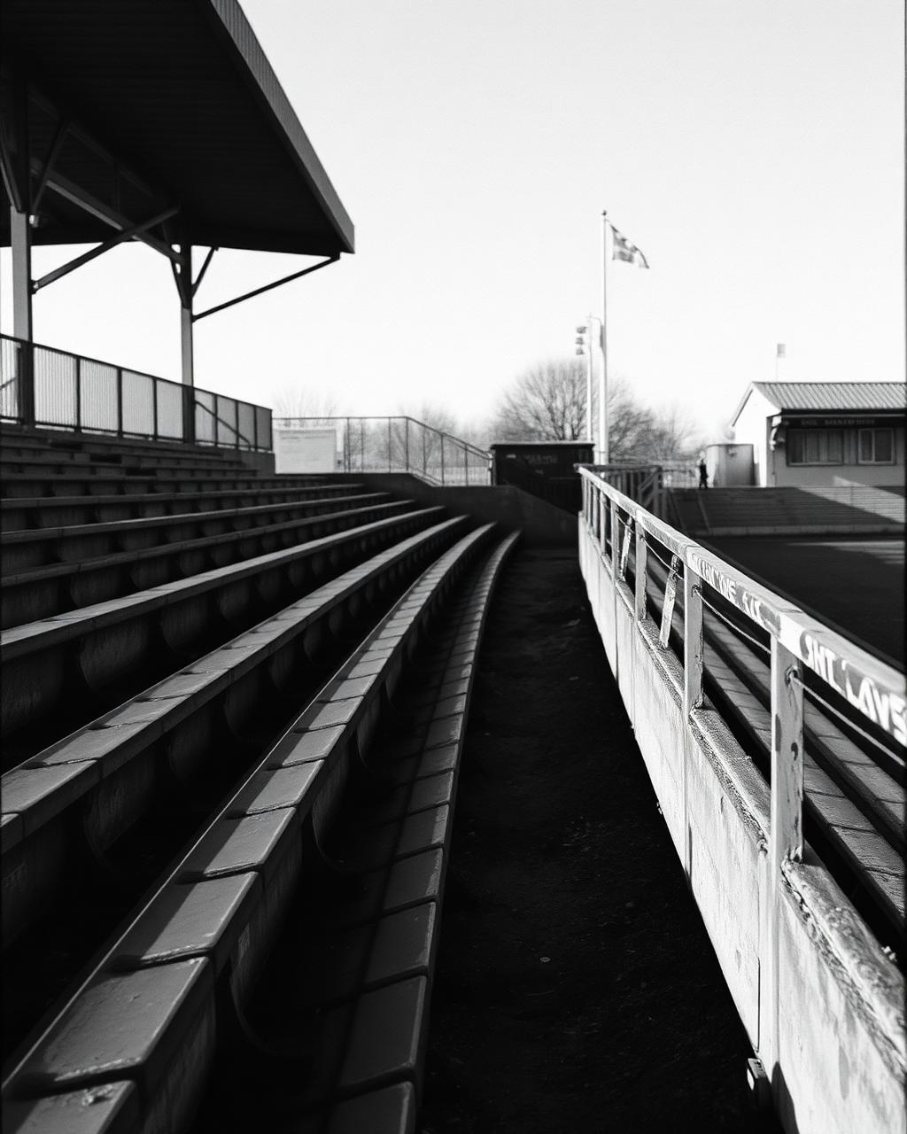 Schwarzweiße Aufnahme leerer Betonstufen und Geländer eines Traditionsstadions