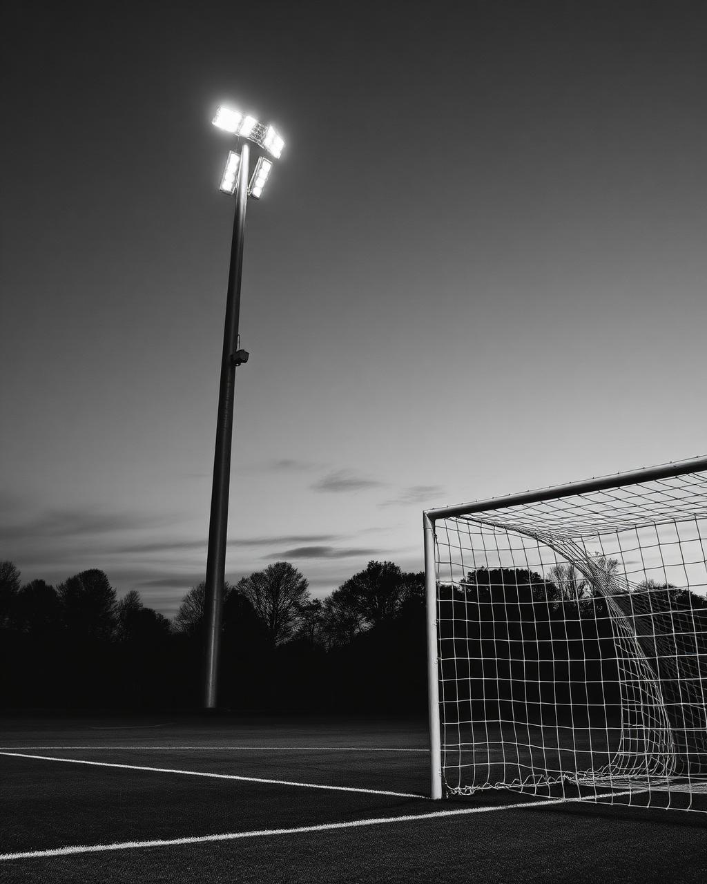Schwarzweiße Aufnahme eines Flutlichtmasts über einem leeren Fußballplatz
