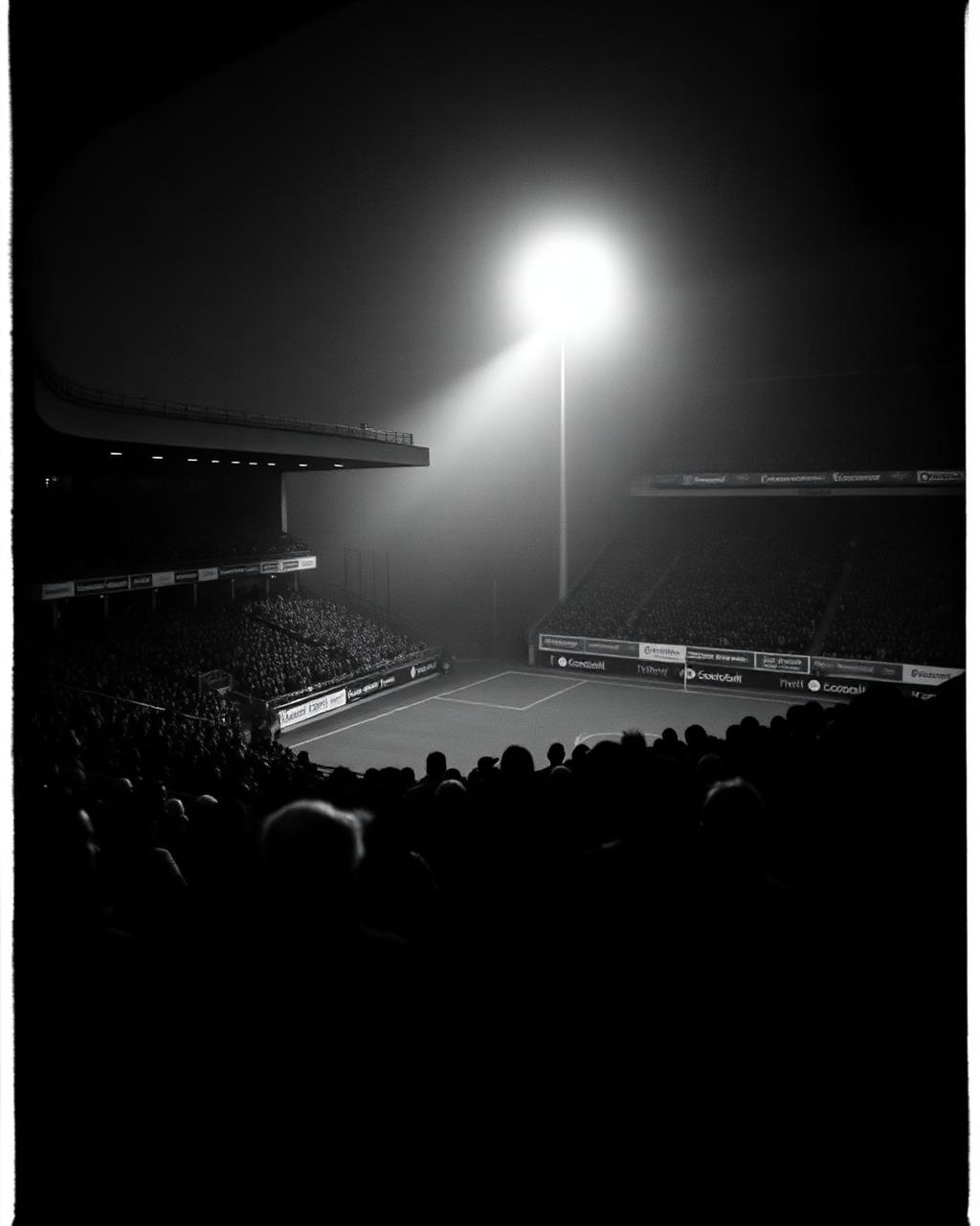 Schwarzweiße Aufnahme einer vollen Stadionkurve im Flutlicht